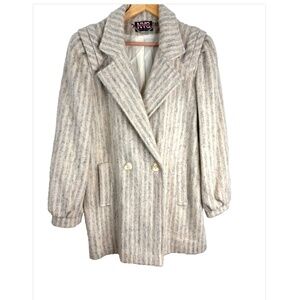 VTG NYG New York Girl Wool Peaoat 14 Beige Stripe Union Made USA Double Breasted